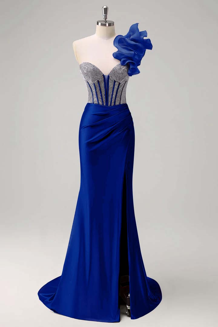 Strapless Handmade Flower Backless Mermaid Slit Prom Dress With Beading