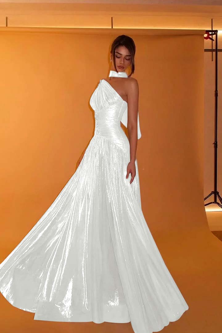 Charming One Shoulder Sleeveless Beaded Pleated Eevening Dress with Scarf
