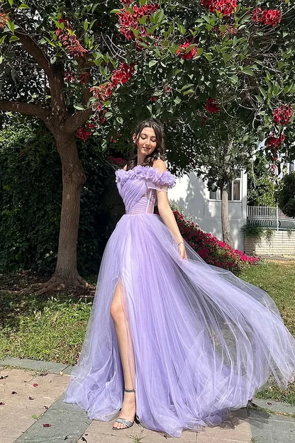 Purple Sleeveless Strapless  Off-Shoulders Handmade Flower Prom Dress