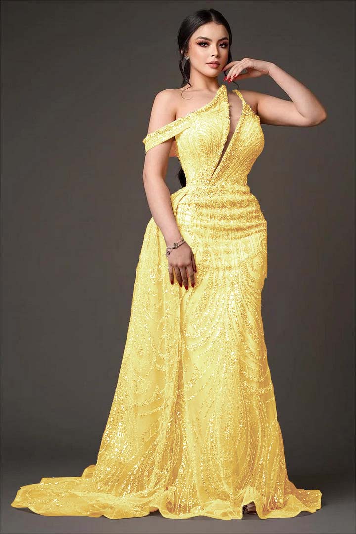One-Shoulder Sleeveless Beaded Embroidery Mermaid Prom Dress