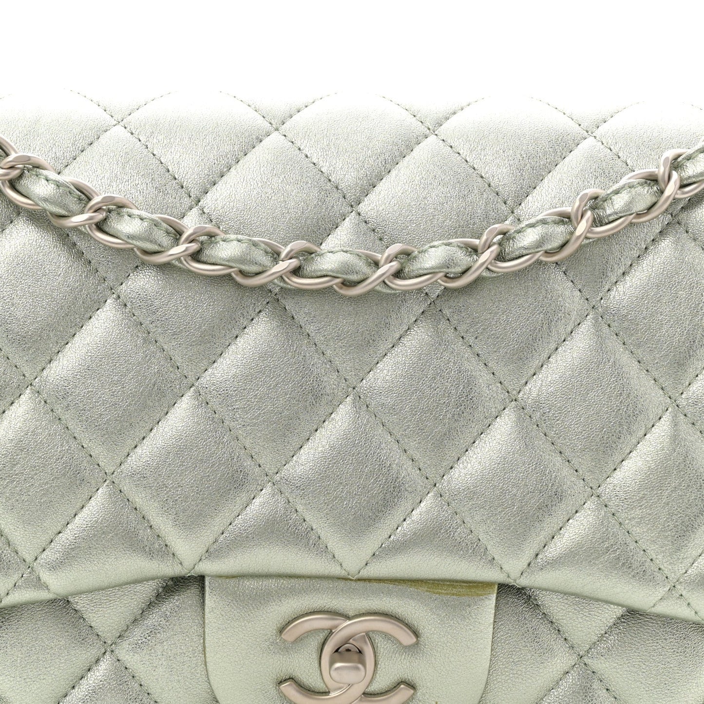 Metallic Lambskin Quilted Jumbo Double Flap Green