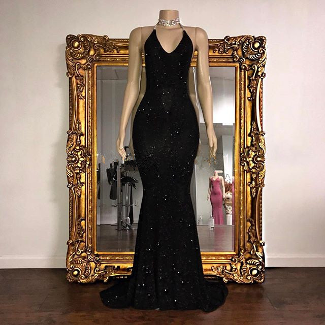 Elegant Halter Mermaid Evening Dress  V-Neck With Sequins