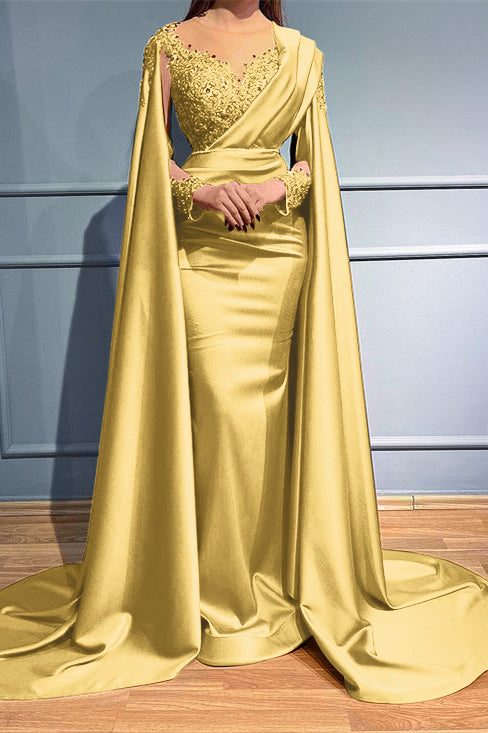 Rust Long Sleeves Beads Appliques Mermaid Evening Dress With Ruffles