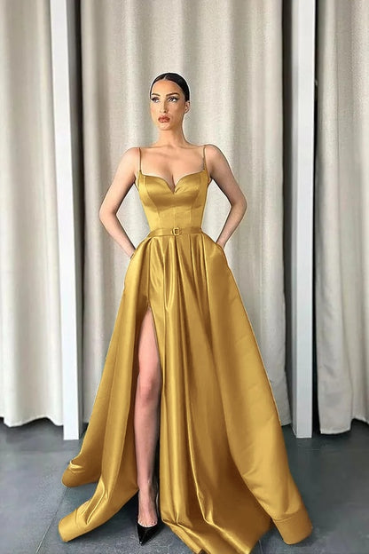 Dark Green Spaghetti-Straps A-Line V-Neck Long Prom Dress With Split