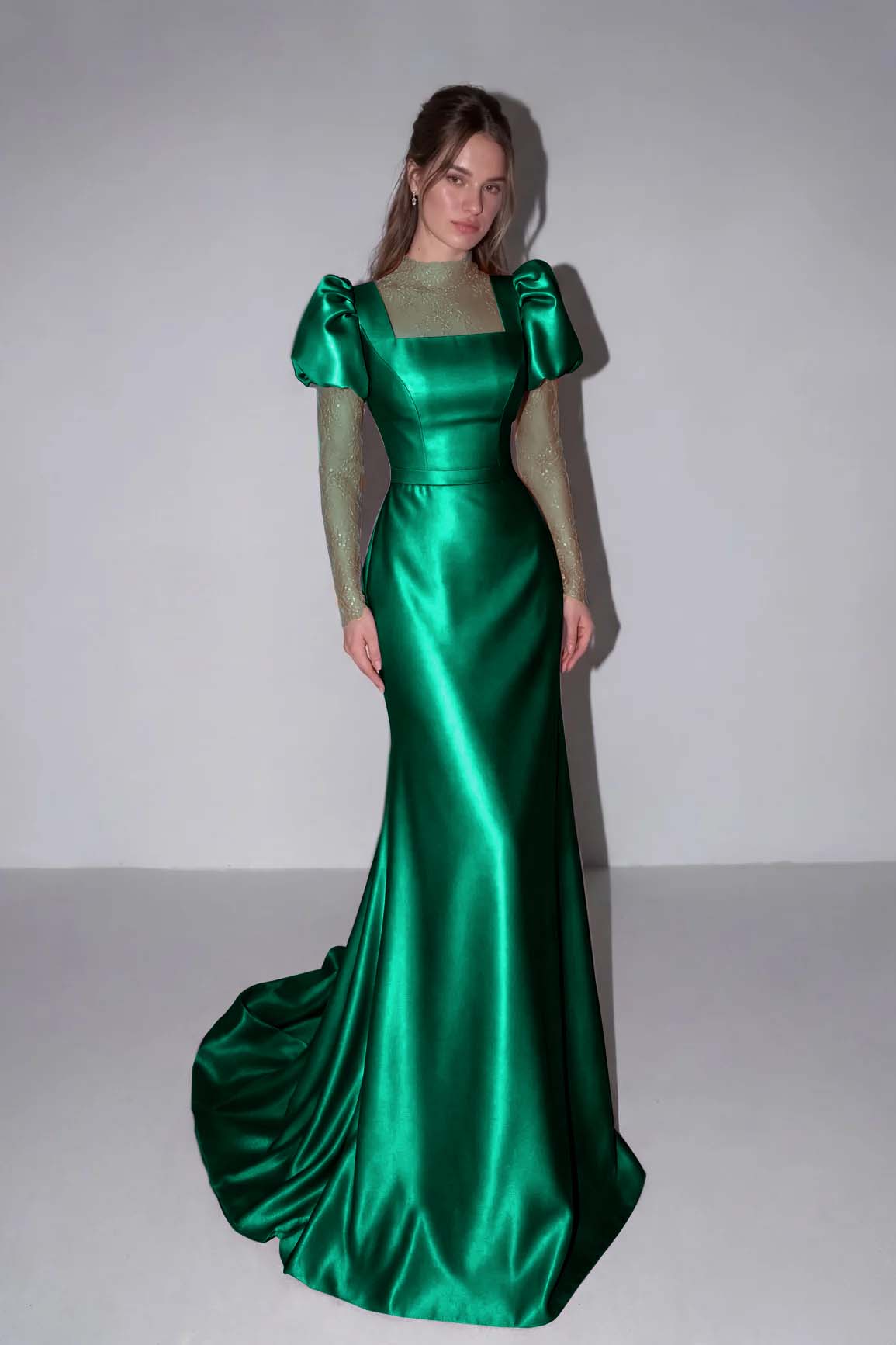 Lilac High Neck Mermaid Prom Dress Long Sleeves in Satin with Lace