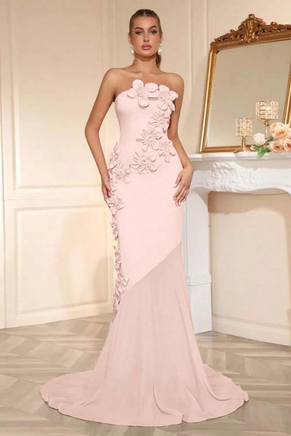 Elegant Sleeveless Satin Square Strapless Mermaid Prom Dress With Handmade Flower