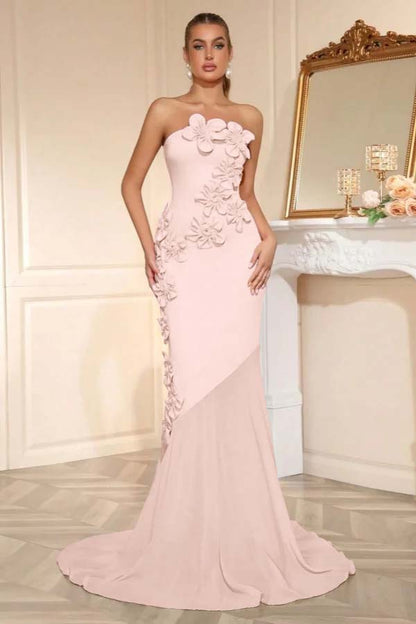 Elegant Sleeveless Satin Square Strapless Mermaid Prom Dress With Handmade Flower