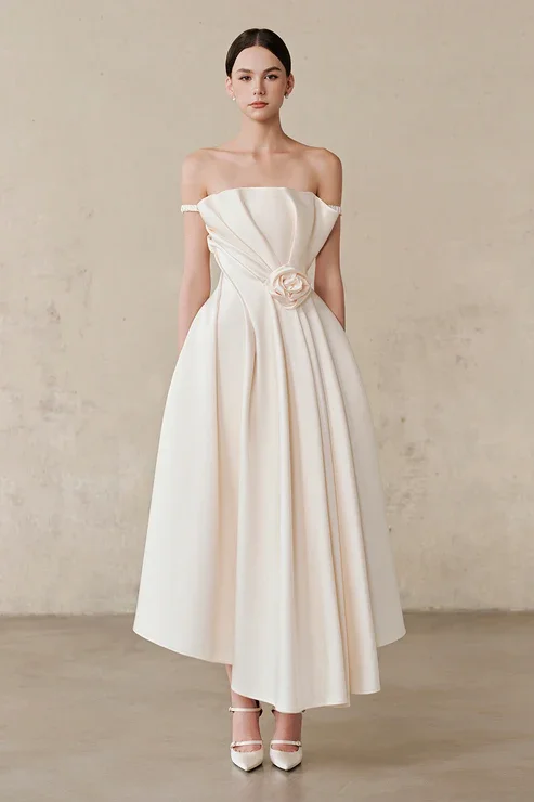 Ivory Off-the-Shoulder A-Line Evening Dress With Pleated