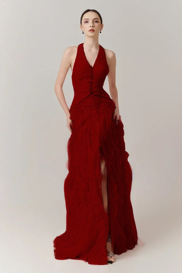 Blushing Pink Halter Strap Pleated V-Neck Split Evening Dress With Beads