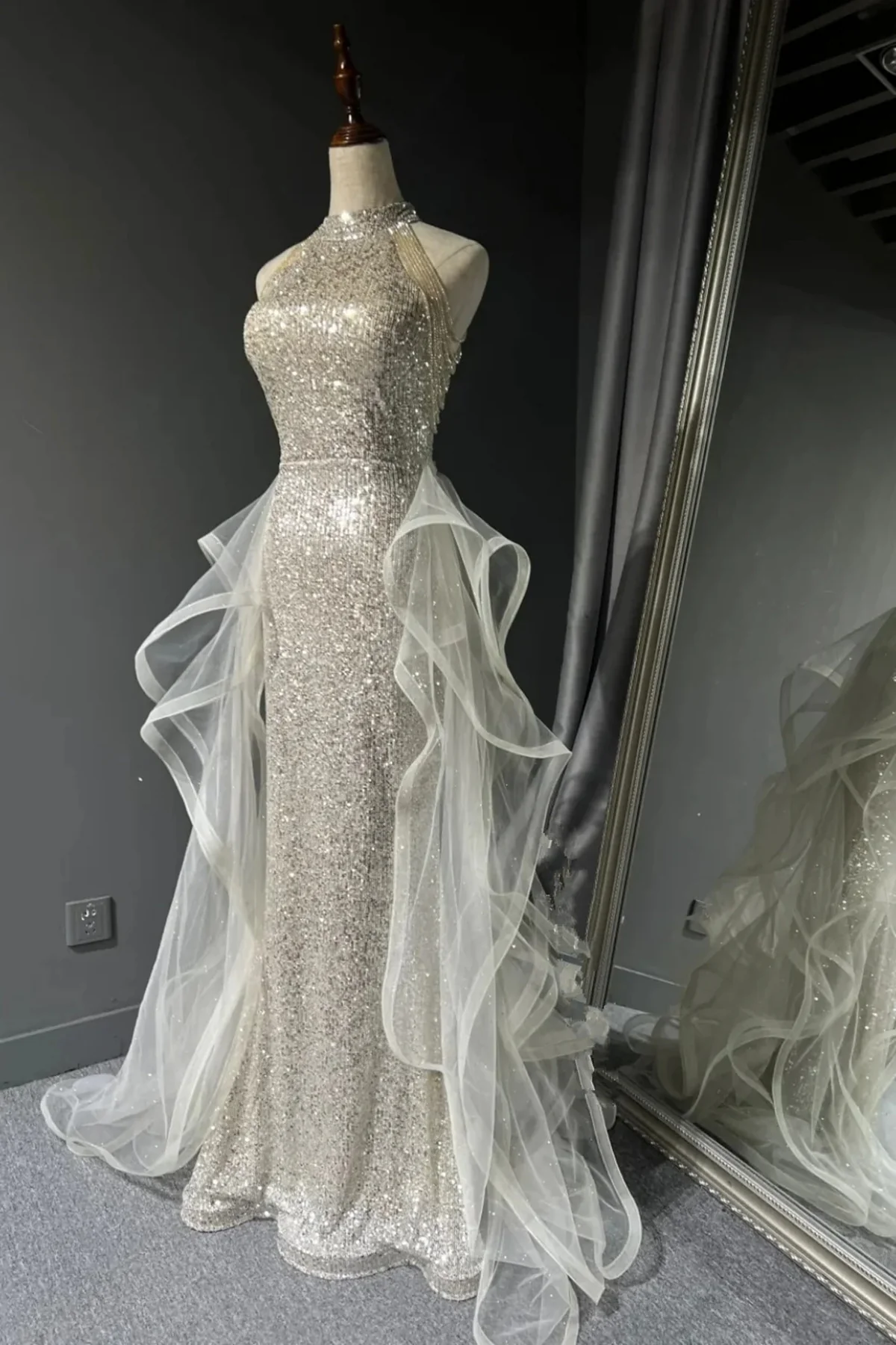 Chic White Tulle and Sequins Long Prom Dress, Halter A-line Party Dress Evening Dress  fg8719