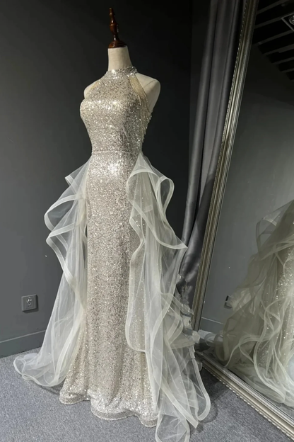 Chic White Tulle and Sequins Long Prom Dress, Halter A-line Party Dress Evening Dress  fg8719