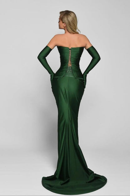 Elegant Dark Green Satin Sleeveless V Neck Mermaid Prom Dress with Gloves