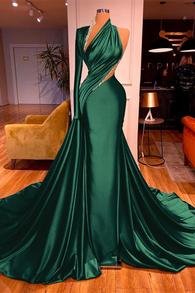 One-Shoulder Long Beadings Evening Dress Mermaid With Long Sleeves