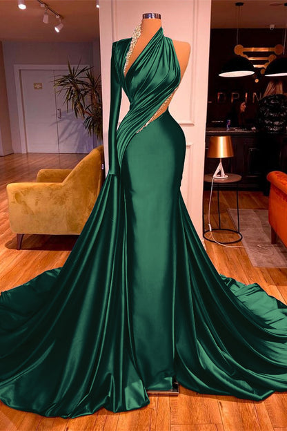 One-Shoulder Long Beadings Evening Dress Mermaid With Long Sleeves