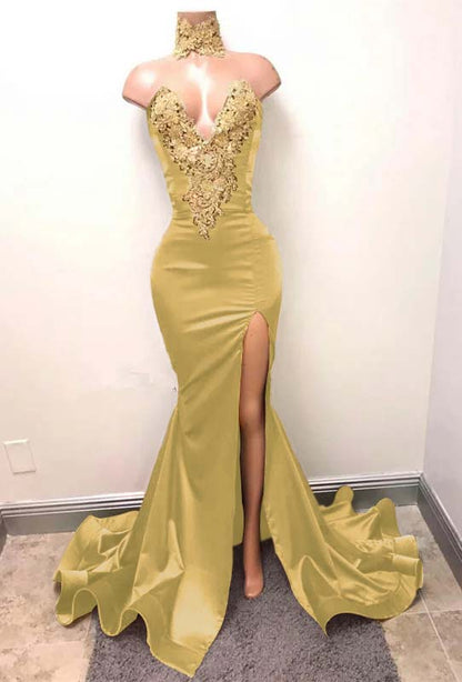 Mermaid Burgundy V-Neck Prom Dress Split With Lace Appliques