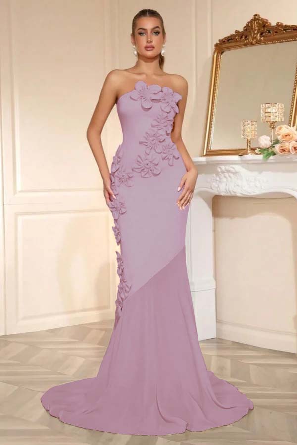 Elegant Sleeveless Satin Square Strapless Mermaid Prom Dress With Handmade Flower