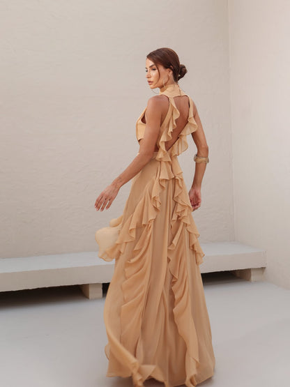 Sleeveless High Neck Chiffon Evening Dress With Ruffles