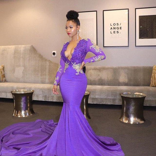 Mermaid Long Sleeves V-Neck Prom Dress With Lace Appliques