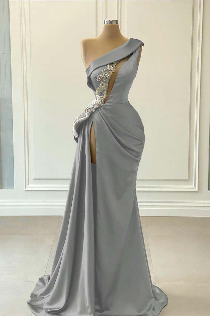 One Shoulder Blue Mermaid Prom Dress With Beaded