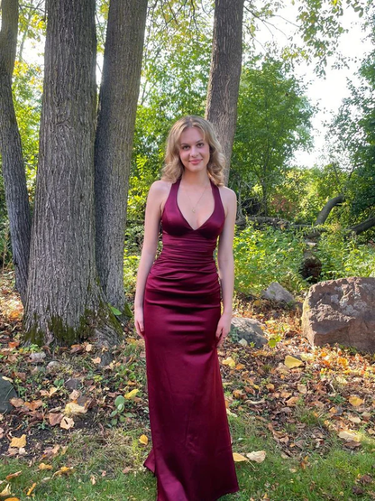 Dark Green V Neck Halter Mermaid Satin Long Prom Dress MD7340
