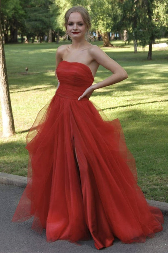 Strapless Slit Tulle Long Prom Dress