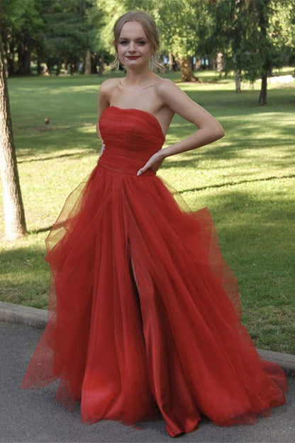 Strapless Slit Tulle Long Prom Dress
