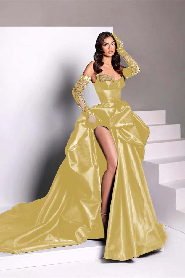 Black Sweetheart Slit Prom Dress With Long Lace Gloves