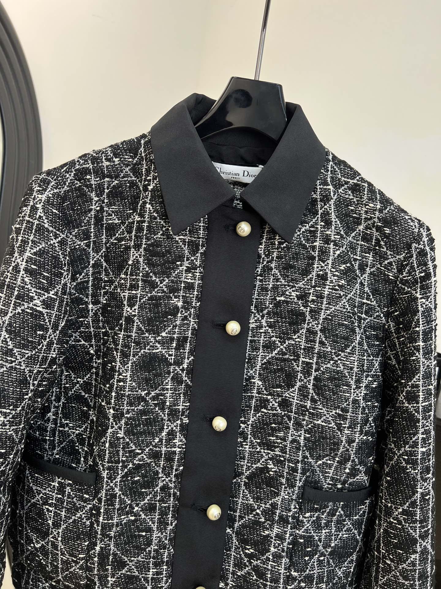 Dior 2025 Cannage Tweed Jacket with Pearl Buttons Black White Cotton