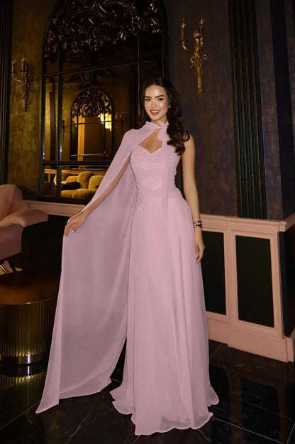 Chiffon Strapless Sleeveless Long A-Line Evening Dress With Pleated And Cape