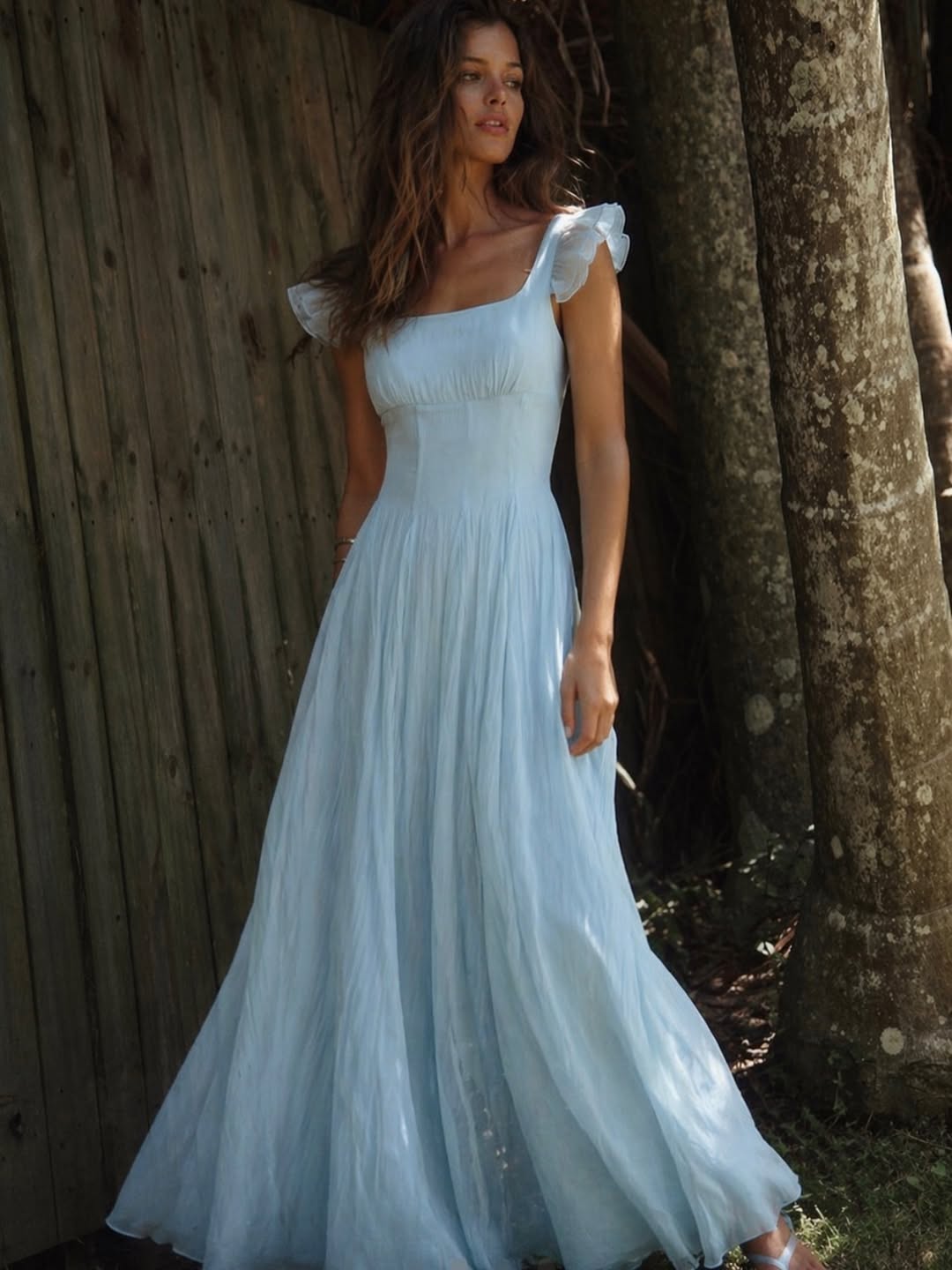 Sky Blue Sleeveless Wide Straps A-Line Evening Dress