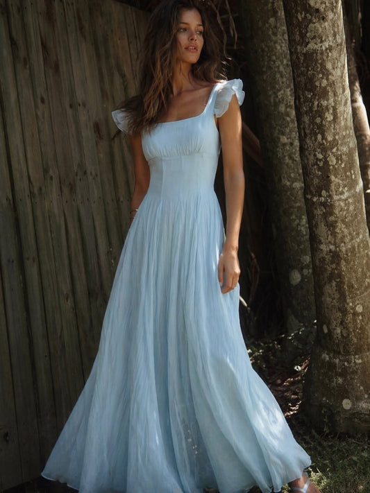 Sky Blue Sleeveless Wide Straps A-Line Evening Dress