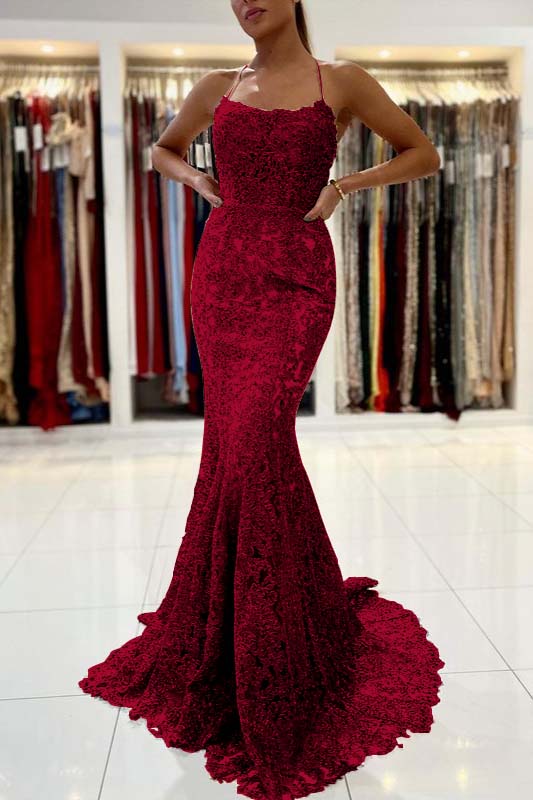 Gold Appliques Long Halter Straps Mermaid Evening Dress
