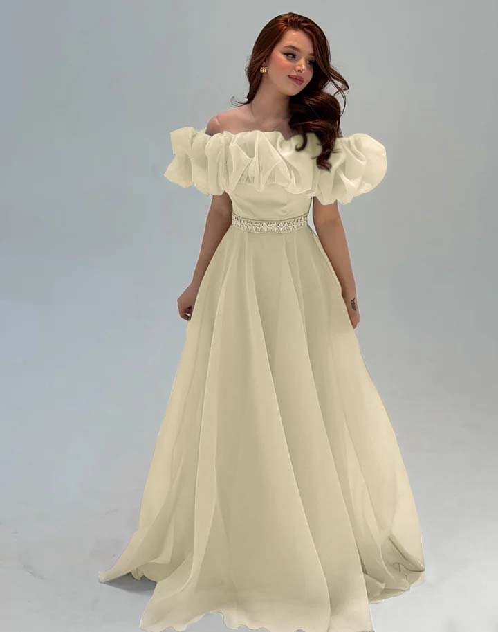 Fashionable Off-The-Shoulder Rhinestone A-Line Tulle Evening Dress