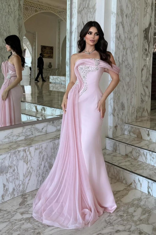 Elegant Pink Satin One Shoulder Beaded Strapless Prom Dress with Train