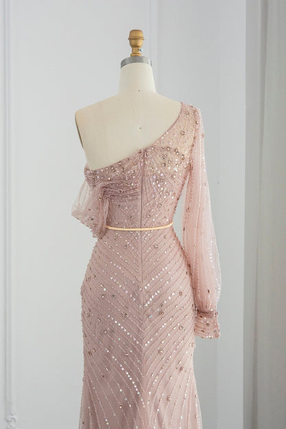 Pink Mermaid One Shoudler Evening Dress Side Split With Appliques Seqiuns