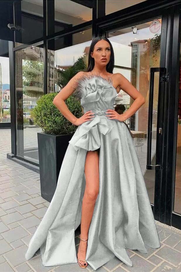 Long Black Prom Dress Slit With Feather