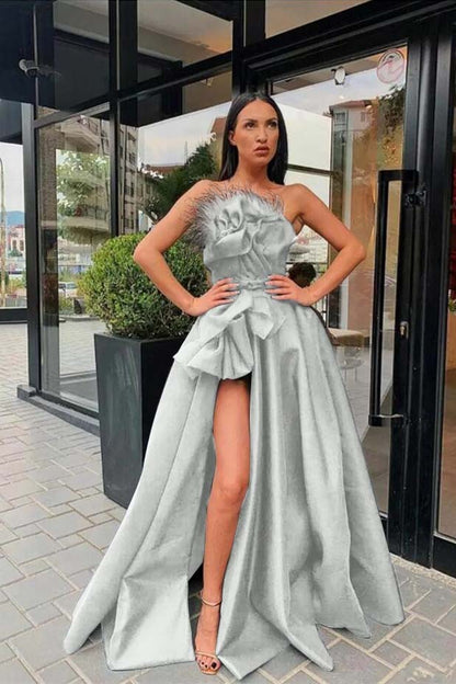 Long Black Prom Dress Slit With Feather
