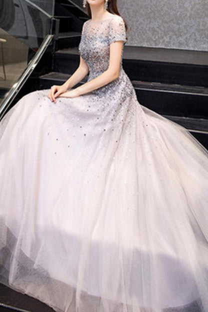 Gorgeous Long Prom Dress With Short Sleeves Sequins Online