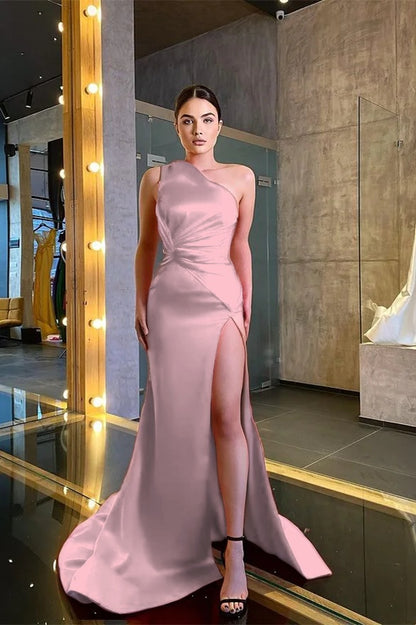 One Shoulder Sleeveless Mermaid Prom Dress Red With Slit