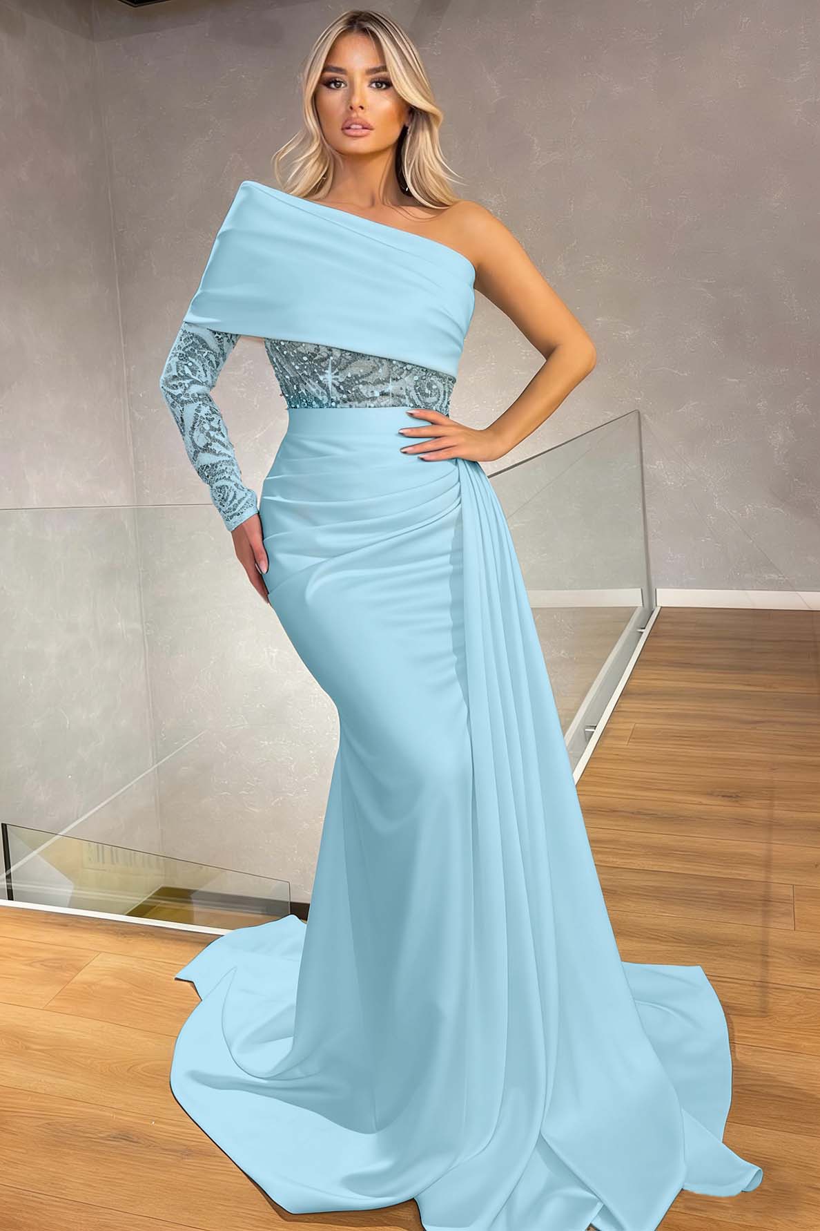 Sexy One Shoulder Long Sleeve Mermaid Evening Dress With Ruffles Sequins