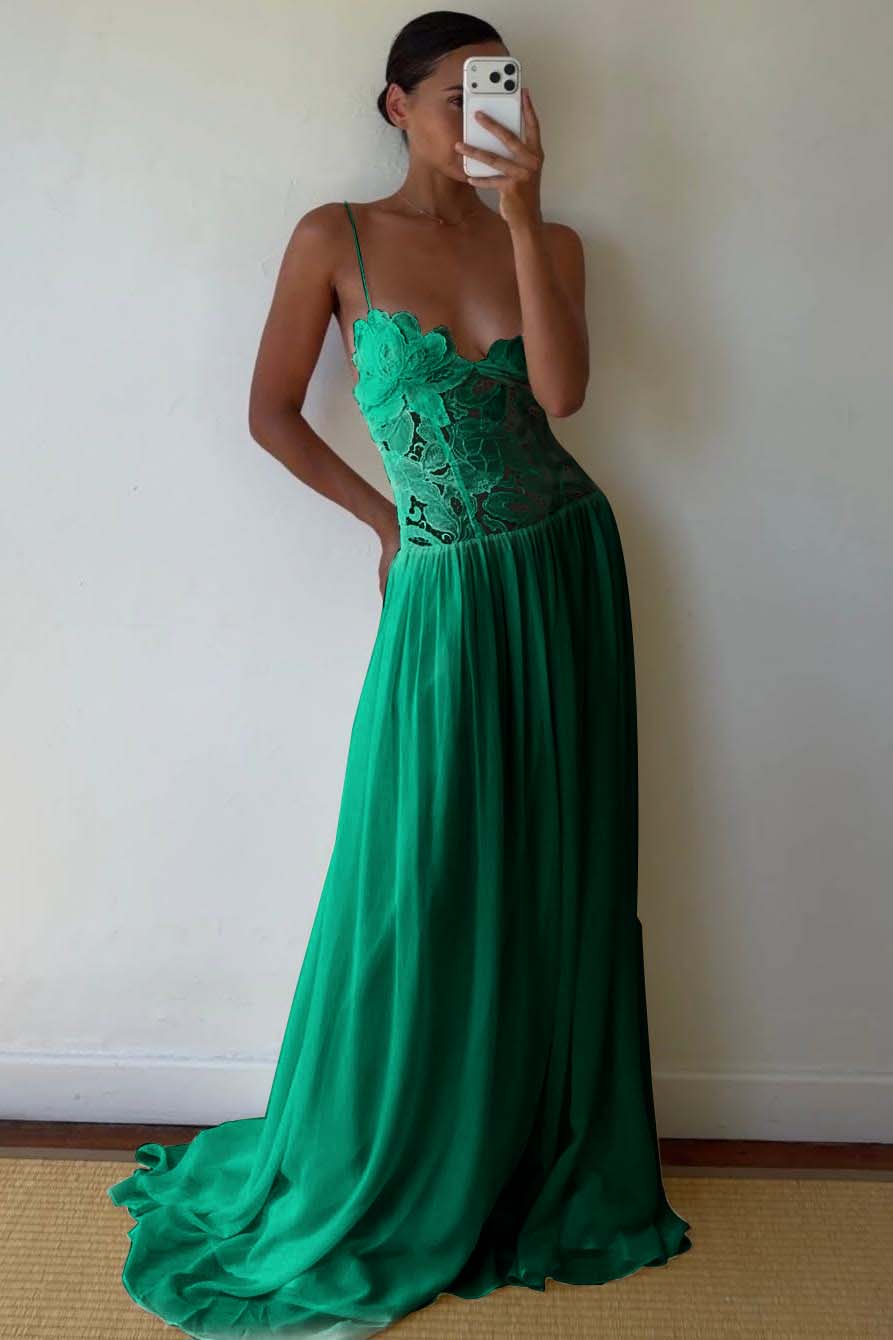 Lace And Chiffon V-Neck Spaghetti Straps Long A-Line Evening Dress With Pleated