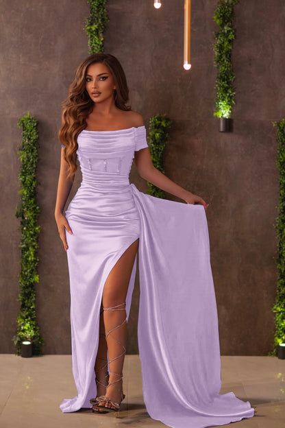 Royal Blue Off-the-Shoulder Slit Evening Dress With Ruffles