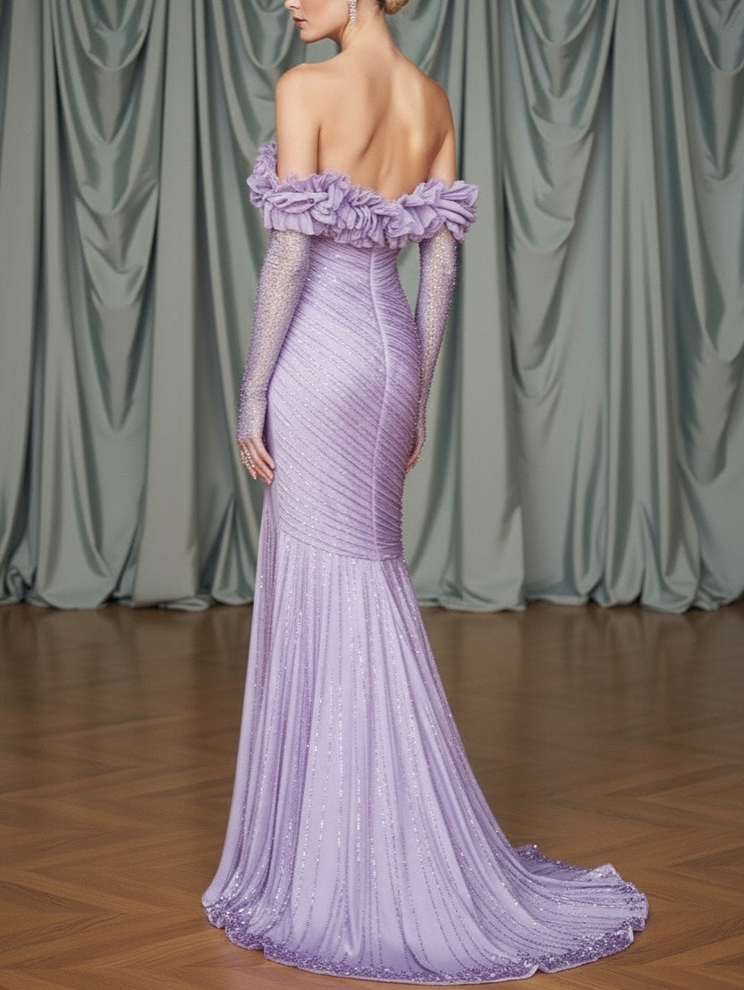 Long Sleeves Strapless Mermaid Slit Prom Dress With Sequins