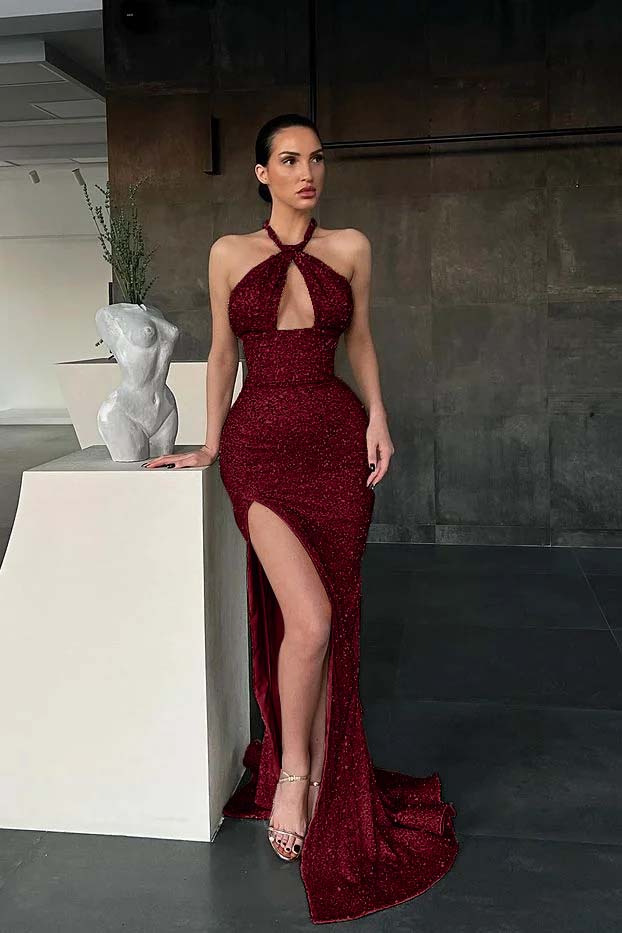 Sleeveless Halter Long Sequins Mermaid Evening Dress With Slit