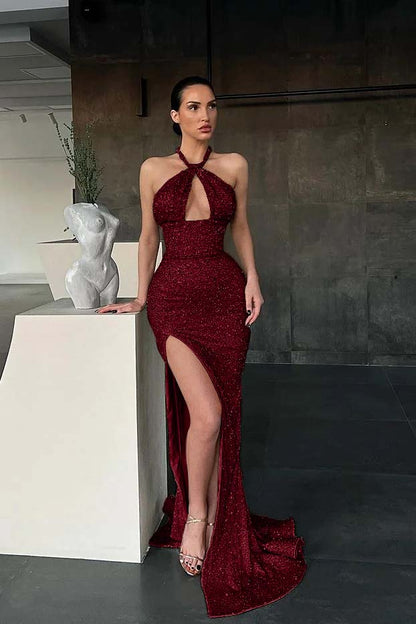 Sleeveless Halter Long Sequins Mermaid Evening Dress With Slit