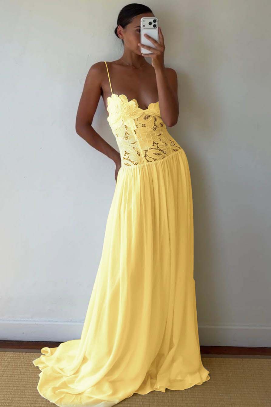 Lace And Chiffon V-Neck Spaghetti Straps Long A-Line Evening Dress With Pleated
