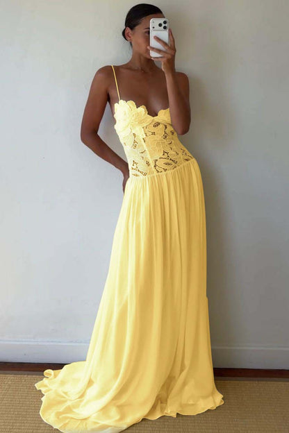 Lace And Chiffon V-Neck Spaghetti Straps Long A-Line Evening Dress With Pleated
