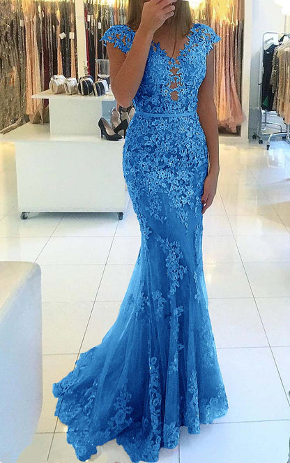 Appliques Mermaid Cap Sleeve Prom Dress
