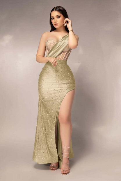 Shinning Mint Satin Sleeveless Sweetheart Beadings Prom Dress with High Split