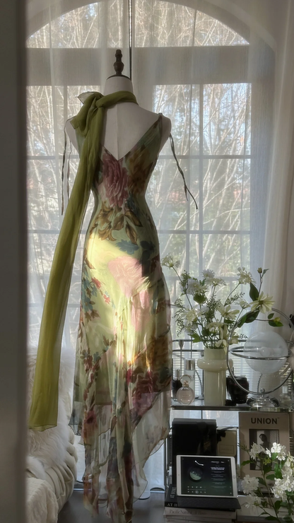 Elegant Green Fairy Gorgeous Floral Long Chiffon Spaghetti Strap Romantic Evening Dress Prom Dresses D1495